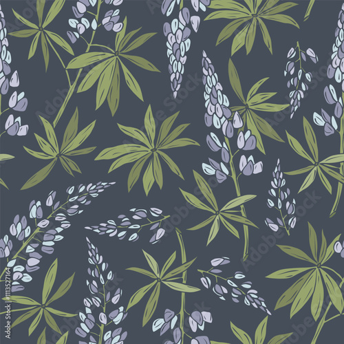 Hand drawn lupin branches seamless pattern