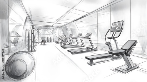 Sketch of a modern gym interior with treadmills, exercise bikes, and weight equipment.