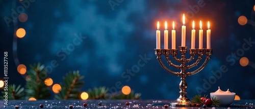 Lit Hanukkah Menorah Candles, Blue Background, Festive Celebration