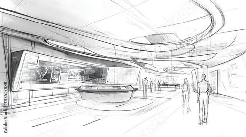 Sketch of futuristic museum interior with interactive displays and visitors.