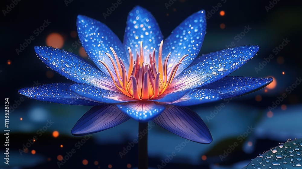 Dew-kissed blue lotus flower at dawn capturing tranquility and natural beauty Dew-kissed blue lotus flower at dawn capturing tranquility and natural beauty