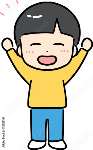 万歳ポーズで喜ぶ男の子(全身・正面)