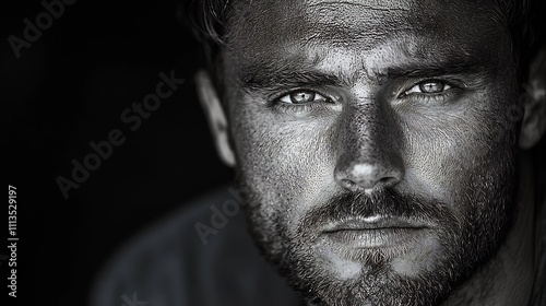 Dramatic Black and White Portrait of a Handsome Man with Classic Features and Striking Lighting