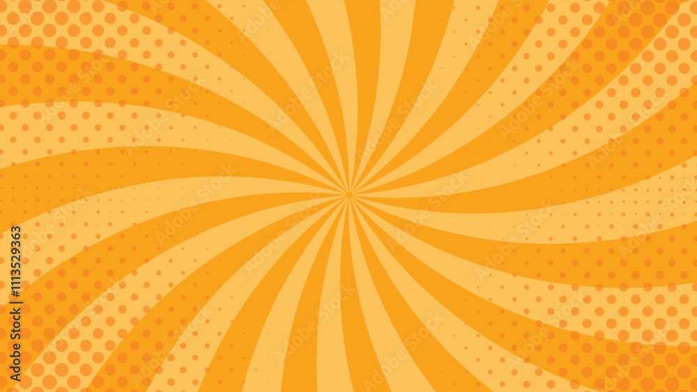 Fototapeta premium Orange-yellow comic sunburst effect background with halftone. Pop art comic-style vector background. Suitable for templates, sale banners, events, ads, web and pages