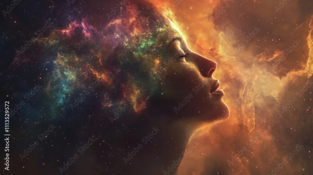 Woman Embracing Creativity with Vibrant Light Swirls Woman Embracing Creativity with Vibrant Light Swirls