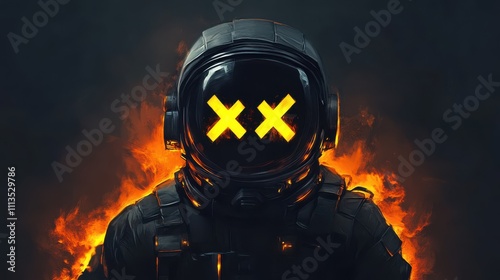 Futuristic astronaut standing against a fiery background, showcasing a unique helmet design with glowing features, offering a striking visual impact and endless storytelling potential. photo