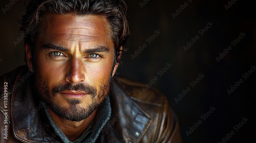 Intense and Brooding Handsome Man in Leather Jacket Portrait Intense and Brooding Handsome Man in Leather Jacket Portrait