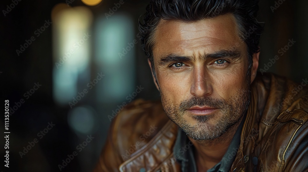 Captivating Portrait of a Handsome Man in a Leather Jacket with a Brooding Gaze Captivating Portrait of a Handsome Man in a Leather Jacket with a Brooding Gaze