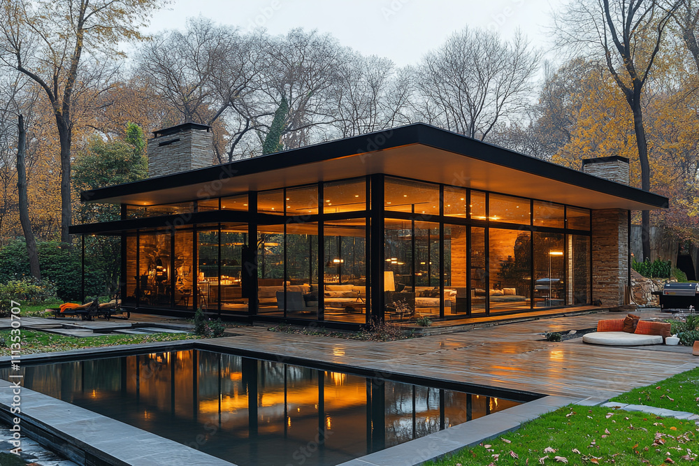 Modern Glass House Illuminated Evening Landscape Modern Glass House Illuminated Evening Landscape