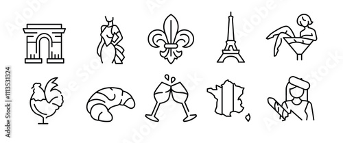 France icons. Set of 10 France-themed trendy minimal icons. Eiffel Tower, Arc de Triomphe, Cock, Croissant. Design signs for web pages, apps, and travel-themed projects. Vector illustration