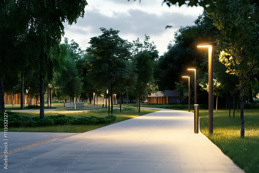 Obraz premium Serene park pathway illuminated by streetlights at dusk.