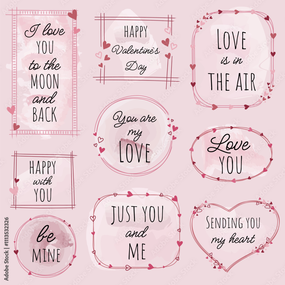 Set of Happy Valentine's Day lettering inscription in frame. Set of Happy Valentine's Day lettering inscription in frame.