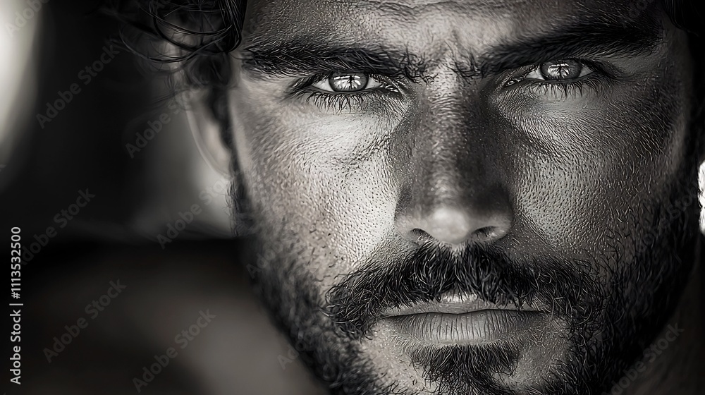 Striking Black and White Portrait of Handsome Man with Intense Gaze and Chiseled Features Striking Black and White Portrait of Handsome Man with Intense Gaze and Chiseled Features