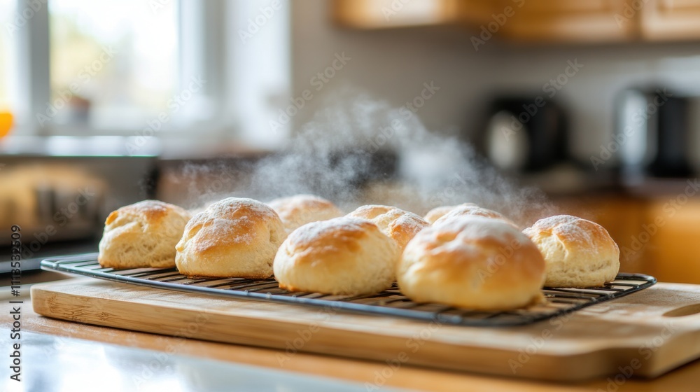 Freshly Baked Scones on a Cooling Rack in a Bright Kitchen with Steam Rising, Showcasing Delicious Homemade Pastries in a Cozy Setting Freshly Baked Scones on a Cooling Rack in a Bright Kitchen with Steam Rising, Showcasing Delicious Homemade Pastries in a Cozy Setting