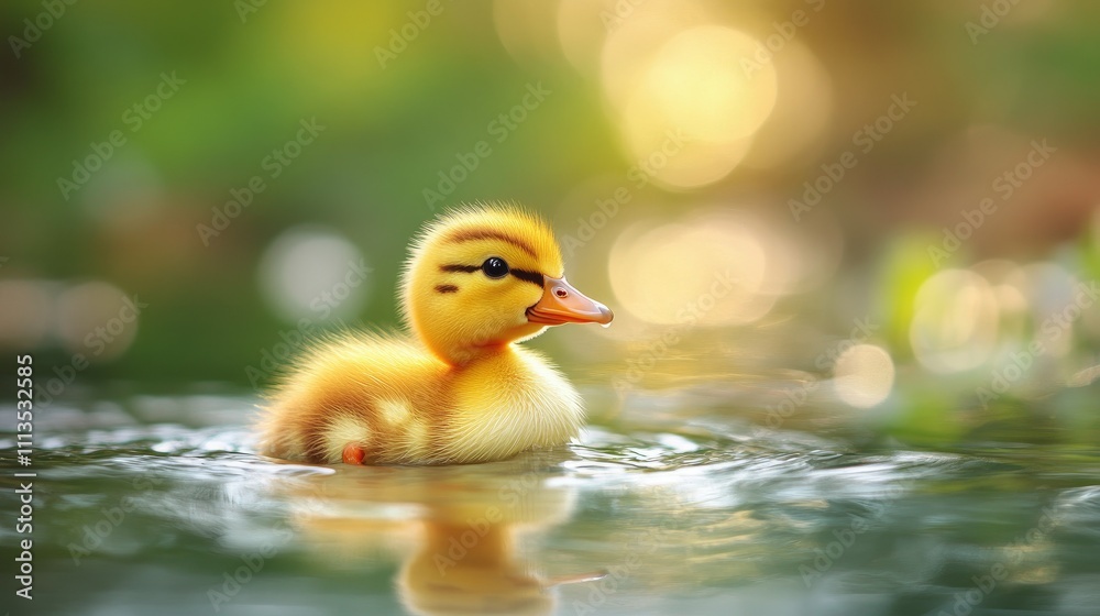 Adorable fluffy duckling swimming in calm water at sunset. Adorable fluffy duckling swimming in calm water at sunset.