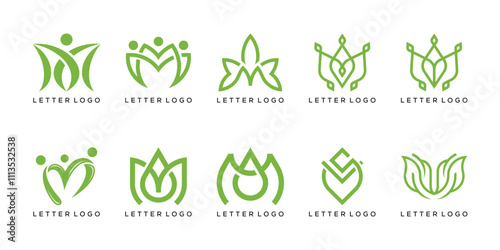 letter M plant flower leaf nature design logo. set of collection bundle graphic.