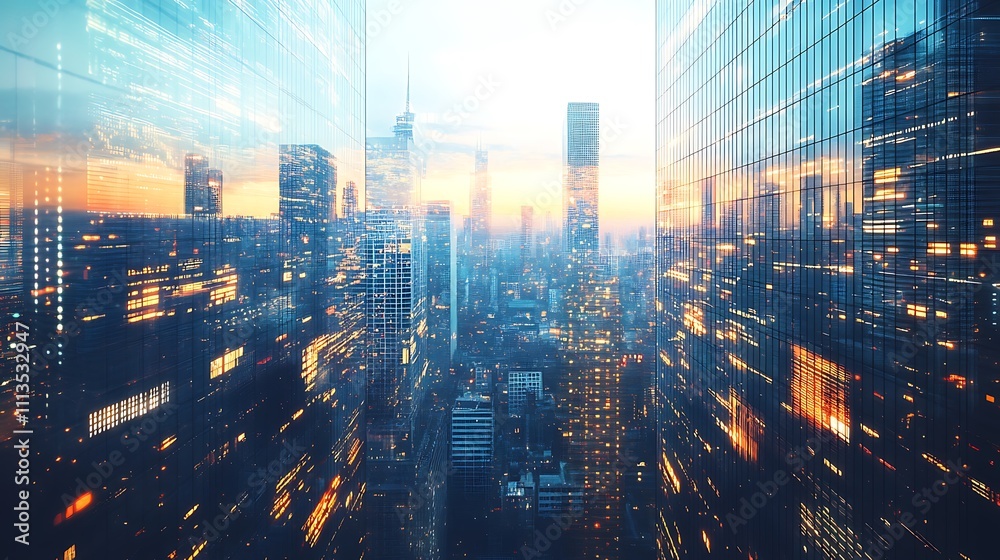 Stunning sunset cityscape view between skyscrapers, showcasing city lights and modern architecture. Stunning sunset cityscape view between skyscrapers, showcasing city lights and modern architecture.