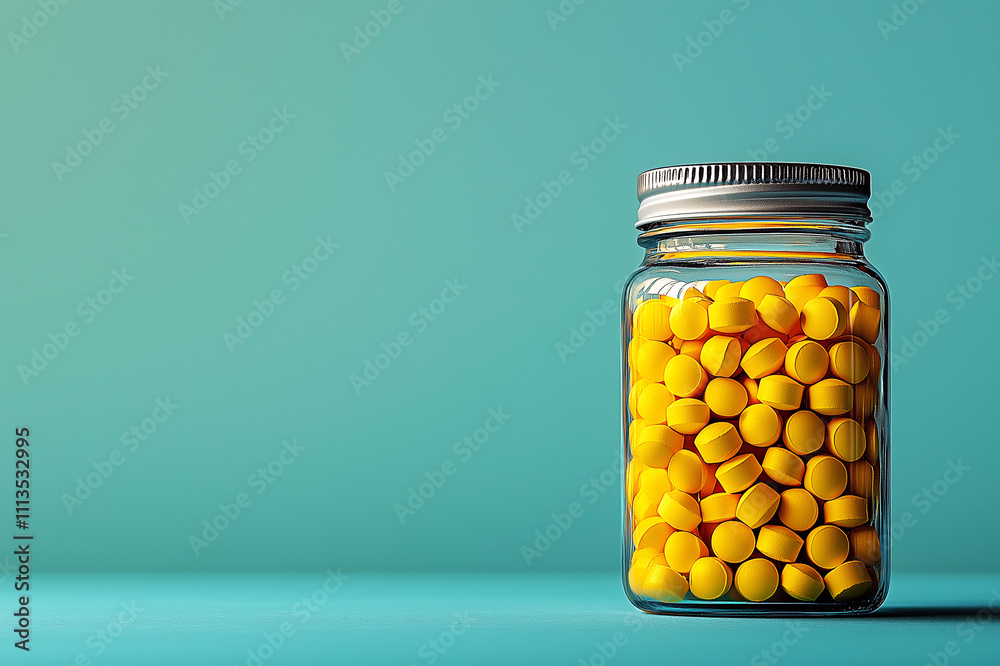 Glass jar with yellow round pills. Health and care concept. Medicines, preventive and supportive products, cosmetics or specialized products. Minimalism. Glass jar with yellow round pills. Health and care concept. Medicines, preventive and supportive products, cosmetics or specialized products. Minimalism.