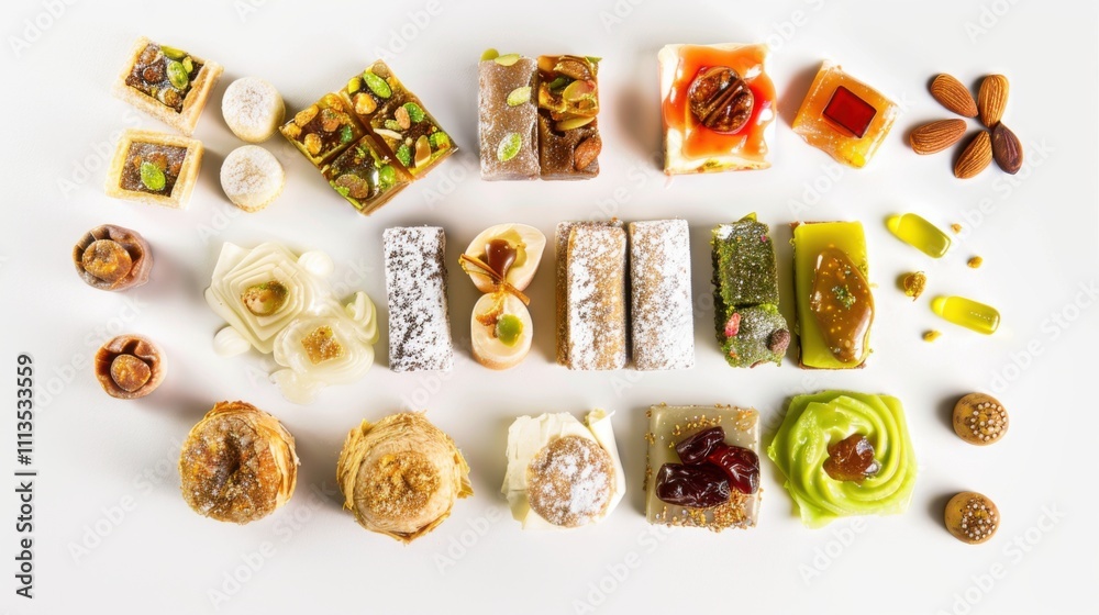 Arabic sweets, carefully arranged to showcase their intricate shapes and vibrant colors, are mouth-watering. Arabic sweets, carefully arranged to showcase their intricate shapes and vibrant colors, are mouth-watering.