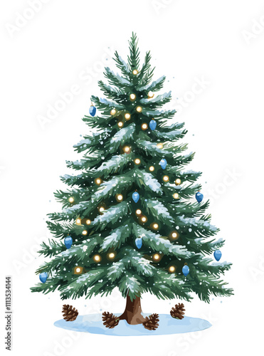 Christmas tree coverred by snow with blue balls and pine cones. Watercolor style vector illustration isolated on transparent background