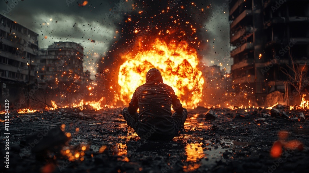 A man sits in the middle of a burning city A man sits in the middle of a burning city