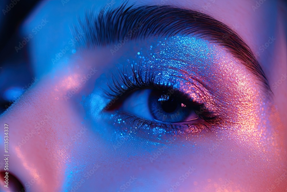 Mesmerizing Glow: Woman's Eye with Glittery Makeup in Neon Blue and Purple Light Mesmerizing Glow: Woman's Eye with Glittery Makeup in Neon Blue and Purple Light