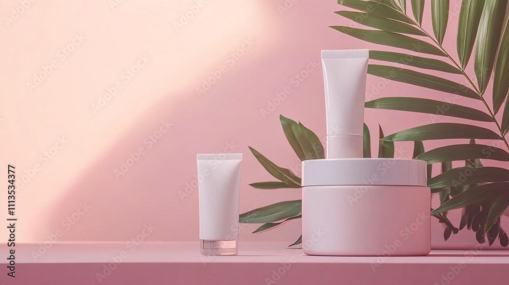White cosmetic tubes and jar on a pink background with palm leaves. White cosmetic tubes and jar on a pink background with palm leaves.