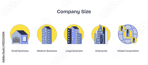 Company size icons depict growth from small to global, transparent background.Key objects, briefcase, buildings, globe.
