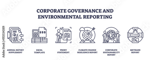 Corporate governance and environmental reporting icons include a report, calculator, and document, transparent background. Outline icons set.