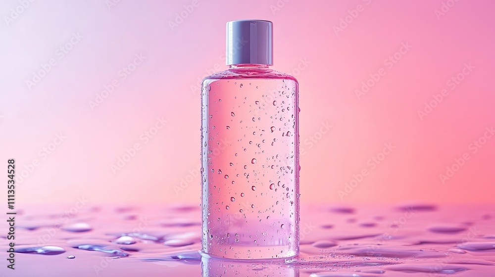 Pink liquid soap bottle with water droplets on a pink surface.