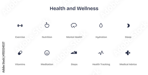 Health and Wellness icons depict minimalistic symbols like apple, cloud, and droplet, representing nutrition, mental health, and hydration, transparent background.