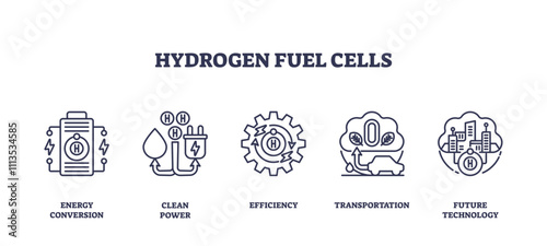 Hydrogen fuel cells are depicted with icons of energy conversion, clean power, and efficiency, transparent background. Outline icons set.