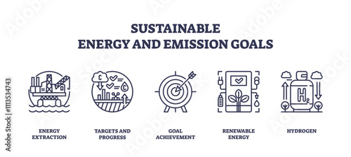 Sustainable energy and emission goals icons show energy extraction, targets, and renewable energy, transparent background.
