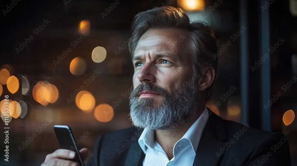 Pensive mature man holding a smartphone outdoors at night. Pensive mature man holding a smartphone outdoors at night.