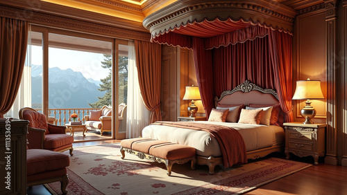 Luxurious bedroom design with a stunning mountain view.