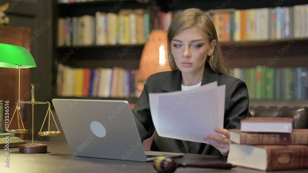 Female Lawyer Doing Paperwork on Laptop in Office Female Lawyer Doing Paperwork on Laptop in Office