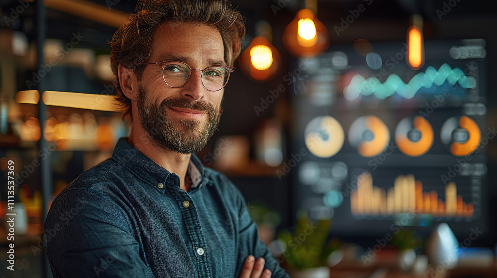 A confident, smiling entrepreneur standing in front of a glowing holographic display showing positive business metrics, including rising graphs and financial growth analytics. A confident, smiling entrepreneur standing in front of a glowing holographic display showing positive business metrics, including rising graphs and financial growth analytics.