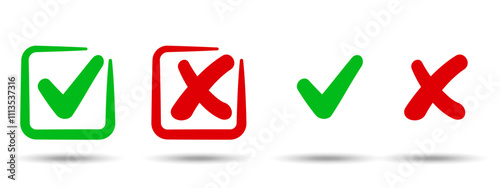 A set of check marks and crosses symbolizing correct and incorrect options. Clean vector illustrations of YES and NO icons, presented on a white background.