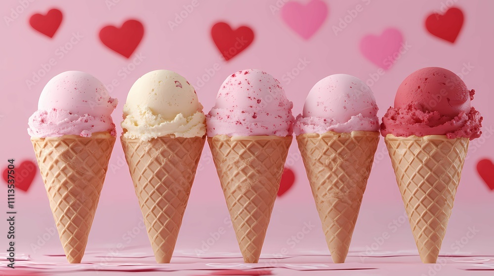 Colorful ice cream cones in a row, set against a pink background with heart decorations, evoking a playful and sweet atmosphere. Colorful ice cream cones in a row, set against a pink background with heart decorations, evoking a playful and sweet atmosphere.
