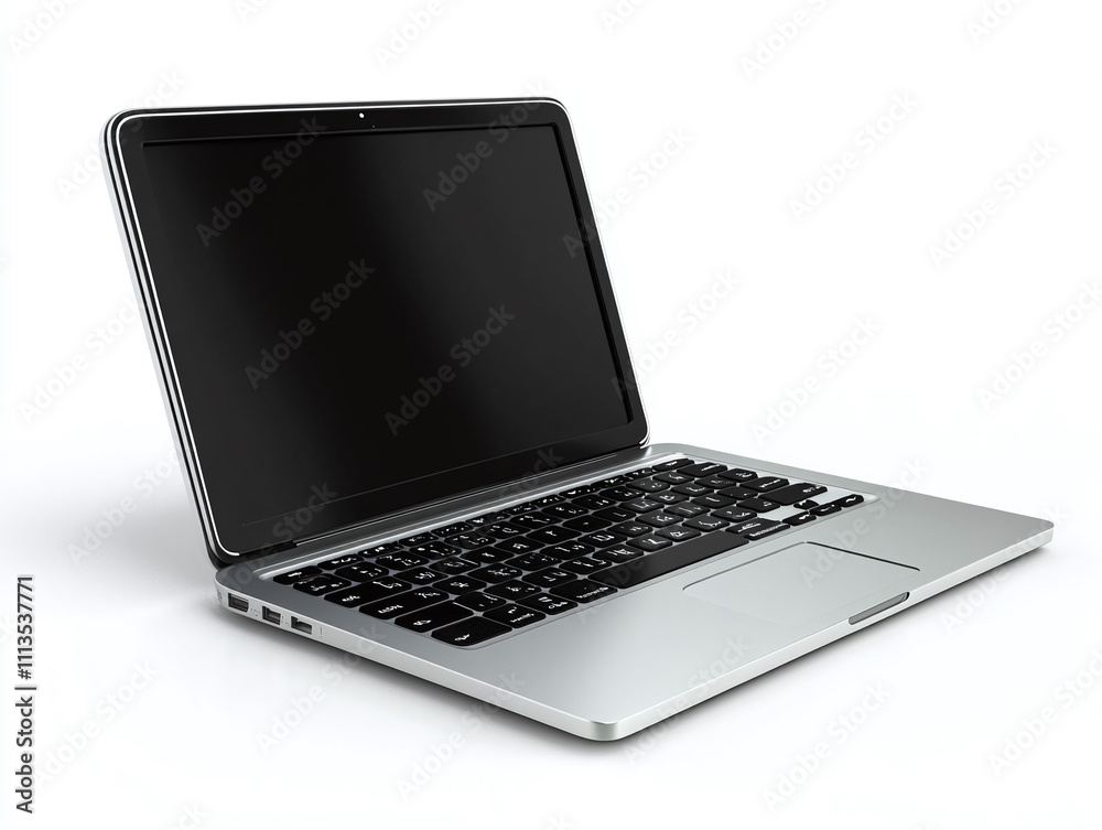 A sleek silver laptop, slightly open, isolated on white A sleek silver laptop, slightly open, isolated on white