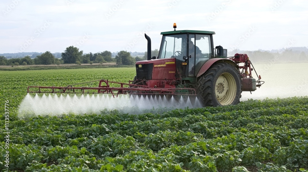 Fototapeta premium Agricultural Tractor Spraying Crops in a Field
