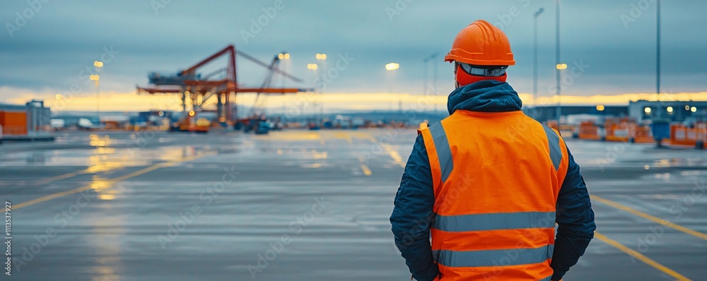 Construction worker observing shipping yard operations port area photography industrial environment dusk viewpoint safety focus Construction worker observing shipping yard operations port area photography industrial environment dusk viewpoint safety focus