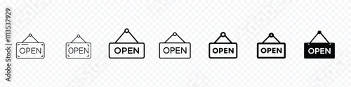 Open icon set. Open hanger board icons on transparent background. Open close sign on wooden board, opening signboard icon set, opening sign