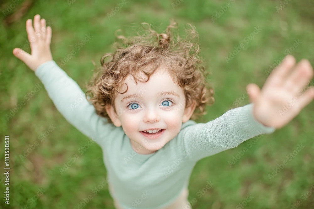 A little girl with curly blonde hair, wearing blue and smiling happily in the green grass of spring. A little girl with curly blonde hair, wearing blue and smiling happily in the green grass of spring.