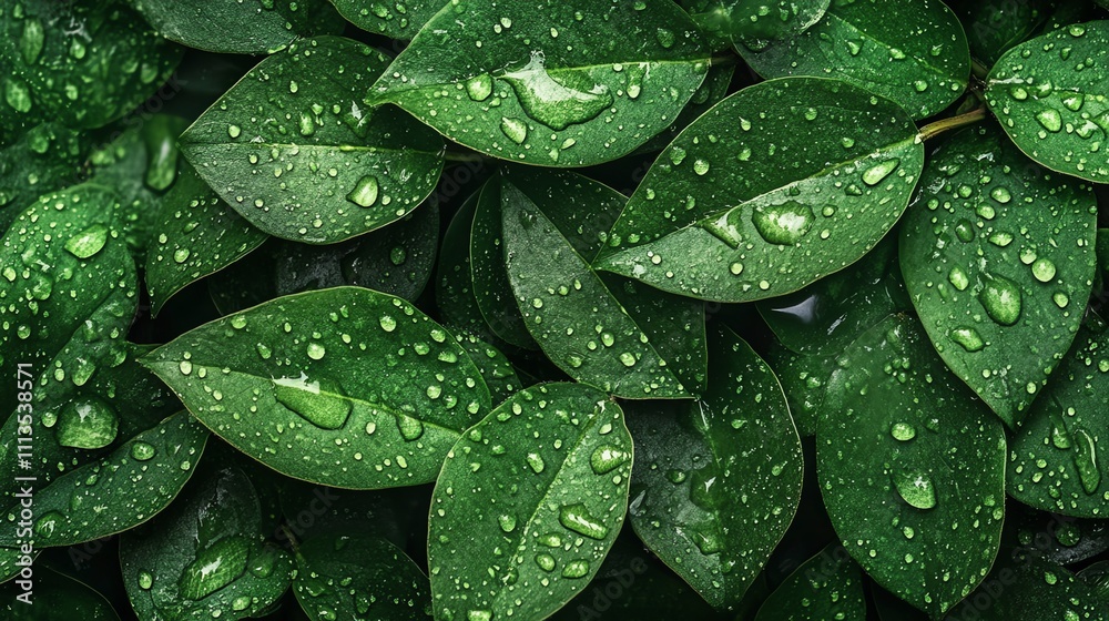 Close-up of vibrant green leaves with dew drops. Close-up of vibrant green leaves with dew drops.