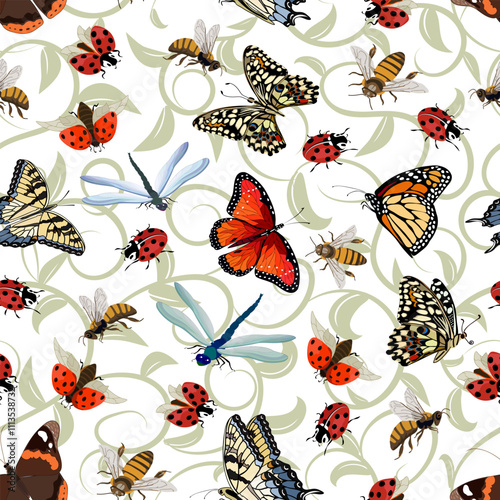 Multicolored insects on a deciduous background.Butterflies, bees, ladybugs and green leaves on a transparent background in a seamless pattern.