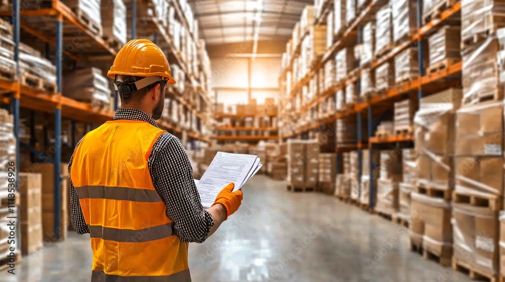 Warehouse safety inspection employee in safety gear storage facility photography industrial environment front view workplace compliance Warehouse safety inspection employee in safety gear storage facility photography industrial environment front view workplace compliance