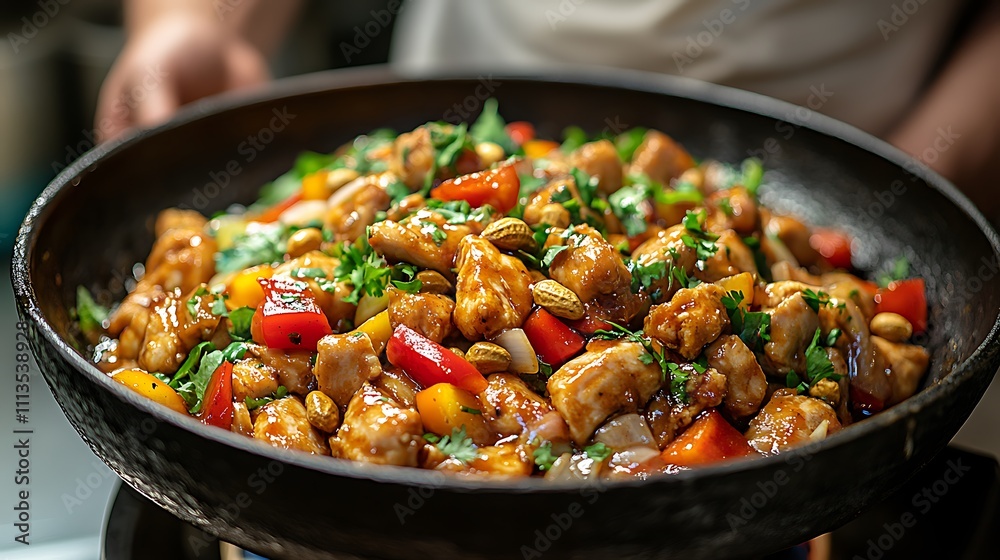 A high angle shot of a plate of chicken stir fry A high angle shot of a plate of chicken stir fry