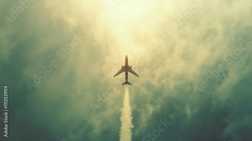 Airplane Flying High Above Clouds with Vapor Trail Against a Darkening Sky, Symbolizing Travel, Adventure, and Human Ingenuity in Aviation Technology photo