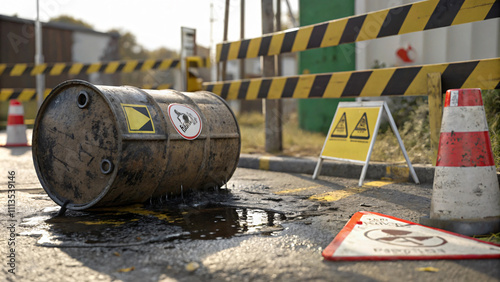 hazardous waste barrel leaking liquid near construction site, surrounded by warning signs and barriers, highlighting environmental pollution concerns photo